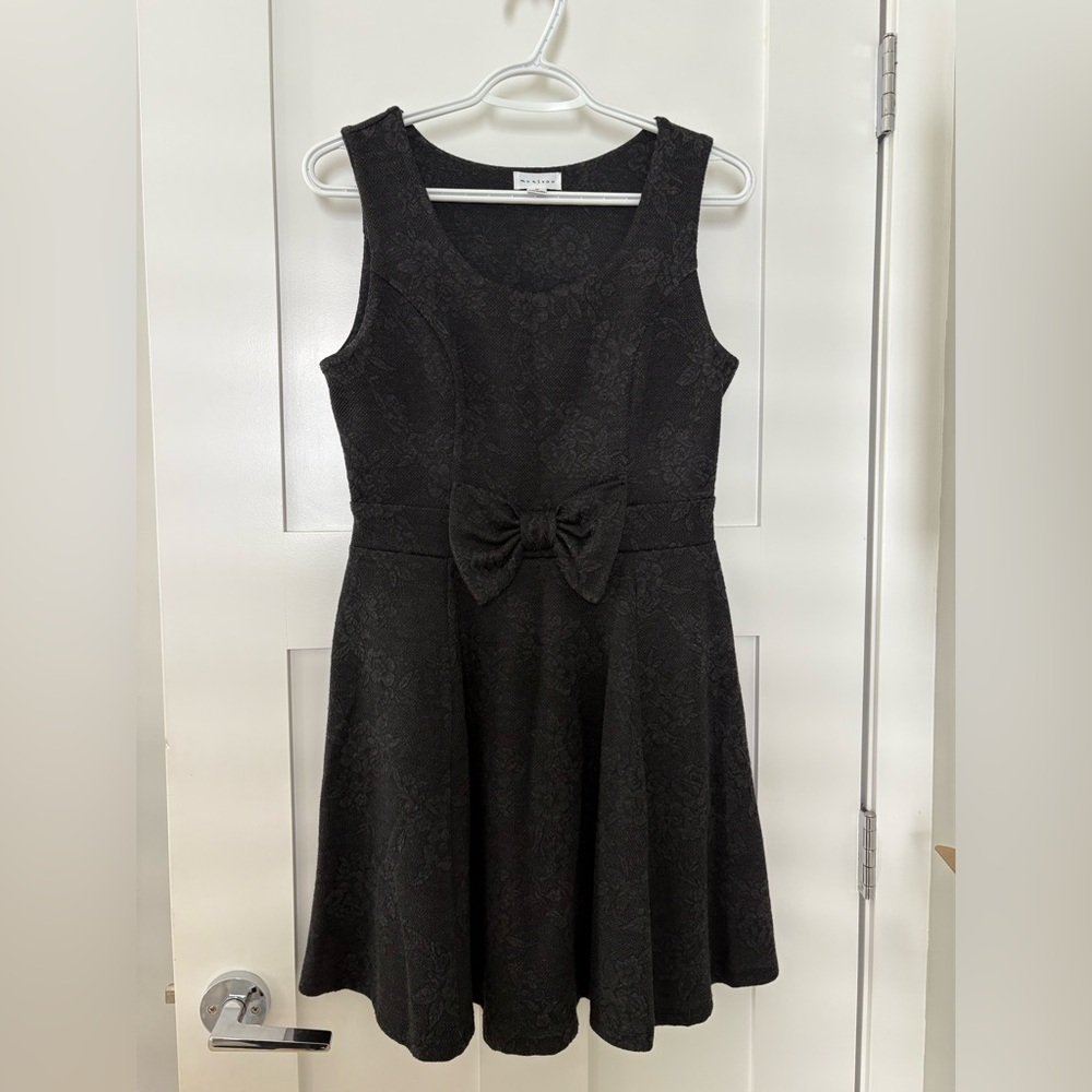 Monteau Dark Grey Textured Fit-and-Flare Dress with Waist Bow